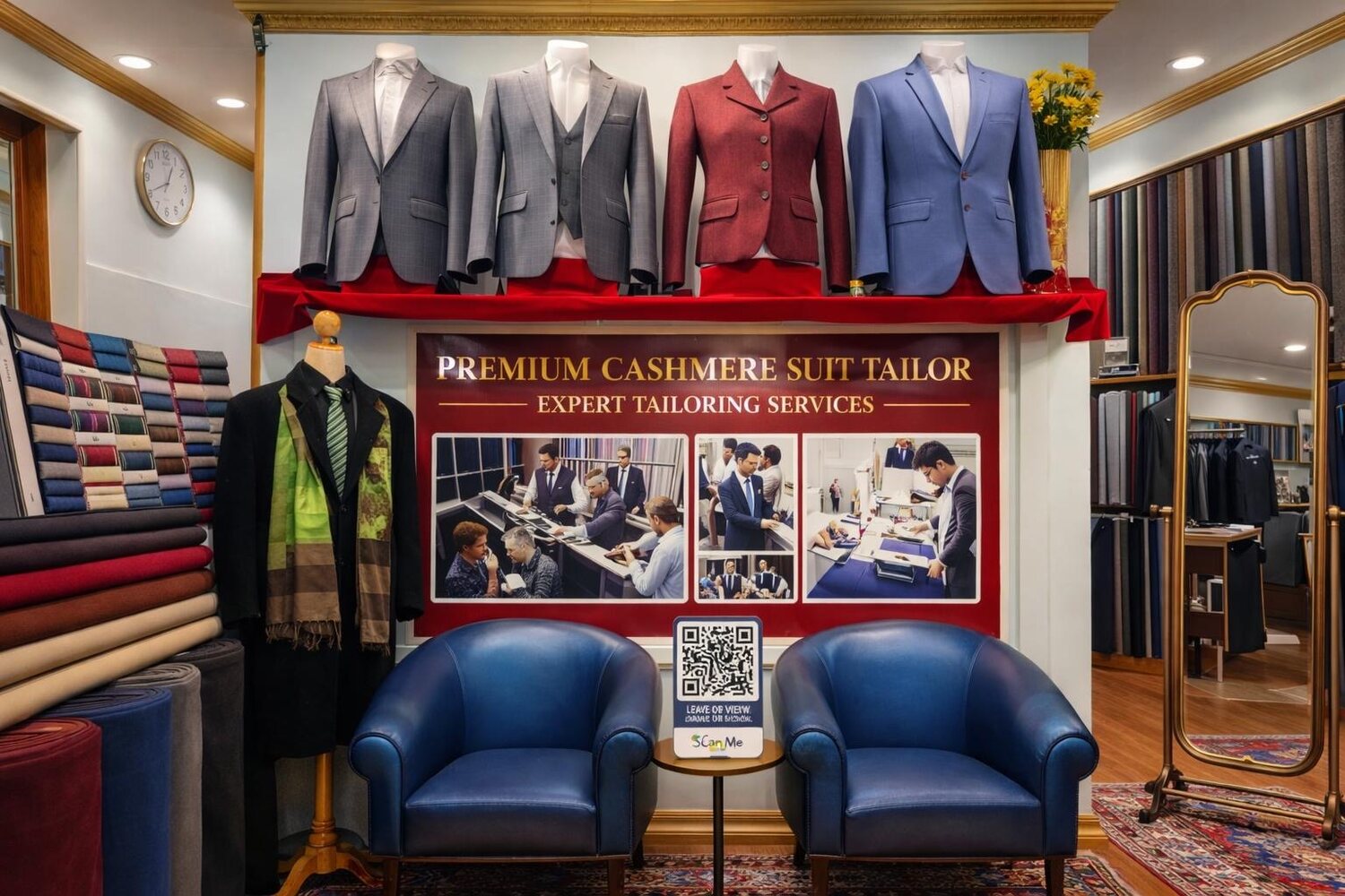 The house collection — four tailored jackets on display above the fitting chairs
