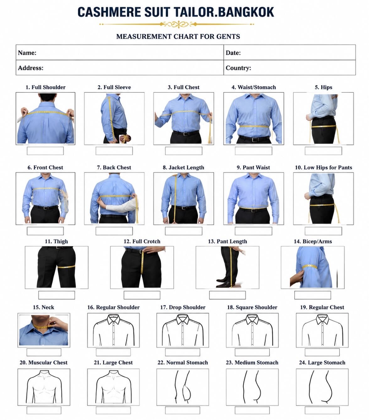 The Cashmere Suit Tailor measurement chart — 24 measuring points for gents